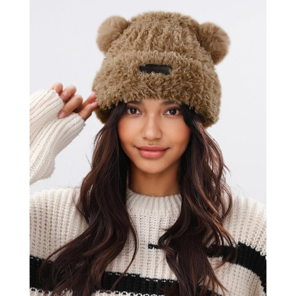 Women's Khaki Furry Beanie with Pom Pom Winter Warm Knitted Hat Bear Costume - Picture 2 of 6